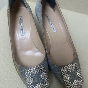 Manolo Blahnik Hanghisi Women's Silver Crystal Buckle Flats 39